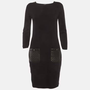 مملوكة مسبقًا Chanel Black Leather Trim Cashmere Mini Dress M