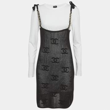 Pre Owned Chanel Black Cashmere Crochet Knit & Contrast Cotton Knit Mini Dress M