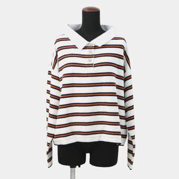 Pre Owned Chanel Pullover Polo Shirt Size 40 White/Navy/Brown Cotton 87% Viscose 8% Polyamide 4% Polyurethane 1%