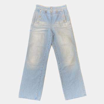 Pre Owned Chanel Coco Button Denim Pants Size 36 Light Blue Cotton100%