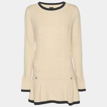 Pre Owned Chanel Cream & Blue Contrast Knit Pullover Top M