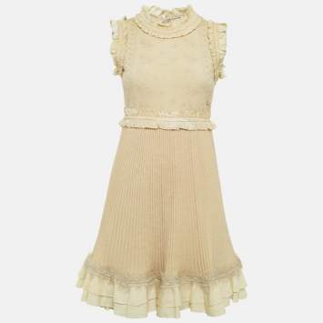مملوكة مسبقًا Chanel Beige Rib Knit Fringed Trim Mini Dress S
