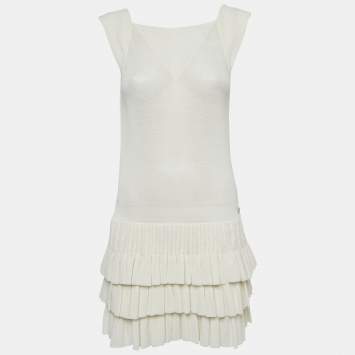 Pre Owned Chanel White Knit Tiered Mini Dress S