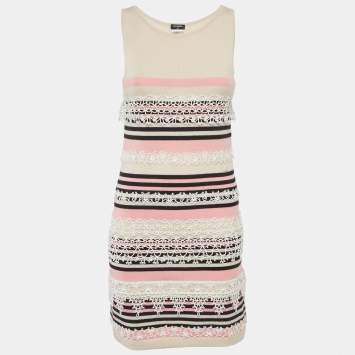 مملوكة مسبقًا Chanel Pink Striped Lace Insert Cashmere Knit Dress S