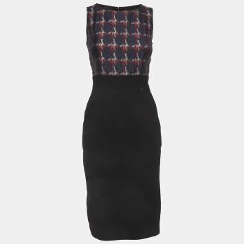 Pre Owned Chanel Black/Navy Blue Check Crepe and Silk Mini Dress S