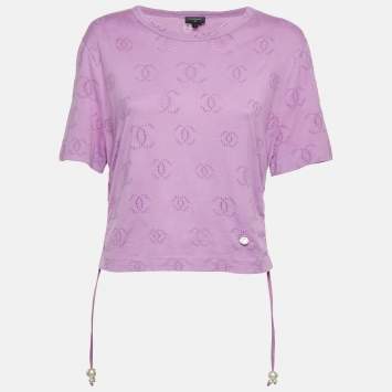 Pre Owned Chanel Purple CC Intarsia Jersey Pearl Detail T-Shirt L