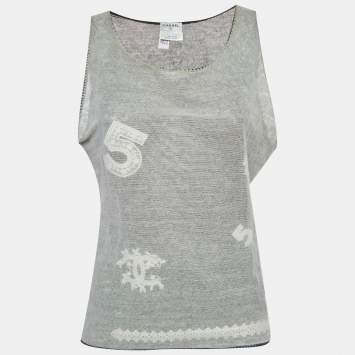 Pre Owned Chanel Grey Embroidered Tulle Tank Top L