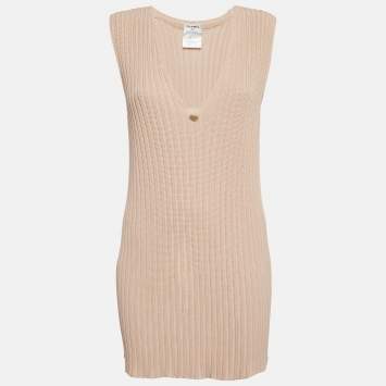 Pre Owned Chanel Beige Rib Knit Long Vest L