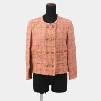 Pre Owned Chanel Collarless Jacket Wool, Alpaca, Polyamide, Paper Size 40 Orange