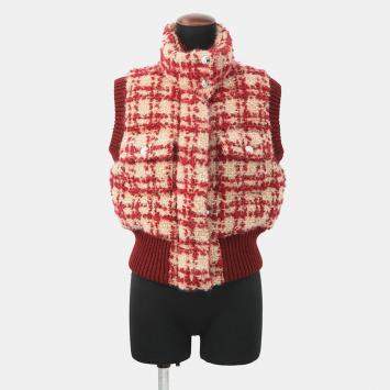 مملوكة مسبقًا Chanel Tweed Cc Logo Down Vest Mohair, Wool, Polyester, Nylon, Linen Size 34 Red/Beige