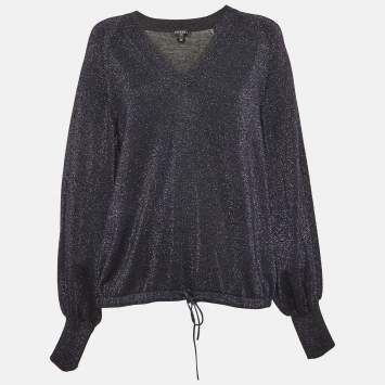 مملوكة مسبقًا Chanel Navy Blue Lurex Knit V-Neck Jumper M
