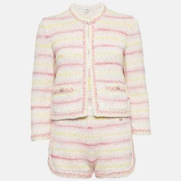Pre Owned Chanel Pink Rib Knit Jacket and Shorts Set S