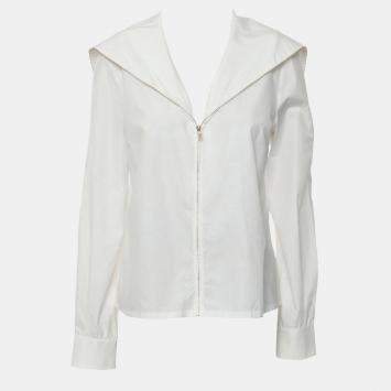Pre Owned Chanel 18A Rhinestone Buttons Sailor-Collar Zip-Up Cotton Shirt Jacket