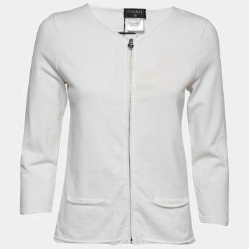 Pre Owned Chanel White Zip Front Knit Jacket M