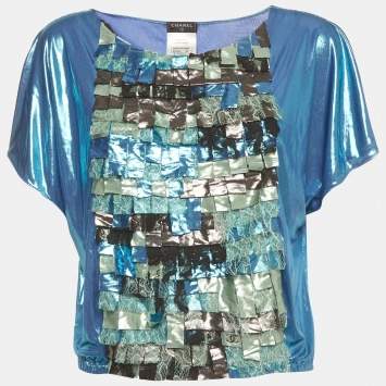 Pre Owned Chanel Blue Metallic Mosaic Lace Fringed Crewneck Top L