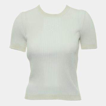 Pre Owned Chanel CC Laser Cut Ribbed Short Sleeve Top