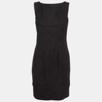 Pre Owned Chanel Black Tweed Pleated Sleeveless Sheath Dress M 
