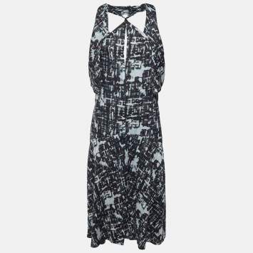 Pre Owned Chanel Black Abstract CC Print Cotton Halter Midi Dress M