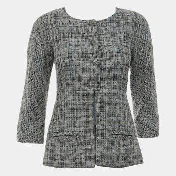 Pre Owned Chanel Button Up Grey Tweed Pattern Evening Jacket