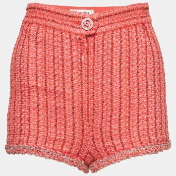 Pre Owned Chanel Red Tweed Chain Detail Fringed Shorts S