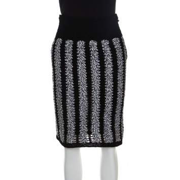 Pre Owned Chanel Black and White Crochet Detail Geometric Textured Skirt M