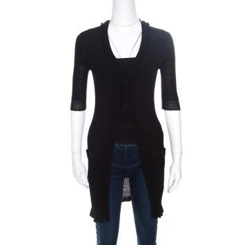 Pre Owned Chanel Black Rib Knit Ruffle Trim Long Cardigan S