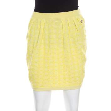 Pre Owned Chanel Yellow Textured Cotton Jacquard Knit Mini Skirt S