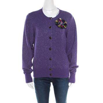 Pre Owned Chanel Purple Lurex Knit Cashmere Embellished Button Cardigan L