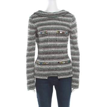 Pre Owned Chanel Monochrome Silk Blend Crystal Embellished Plunge Back Tweed Blazer S