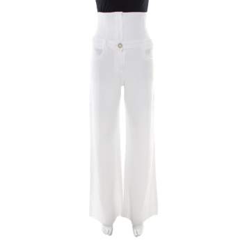 مملوكة مسبقًا Chanel White Textured Cotton High Waisted Wide Leg Trousers S