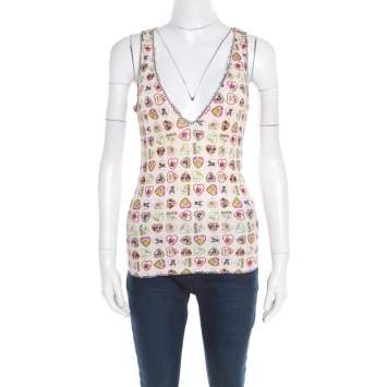 Pre Owned Chanel Pink Heart Printed Ribbed Tank Top M