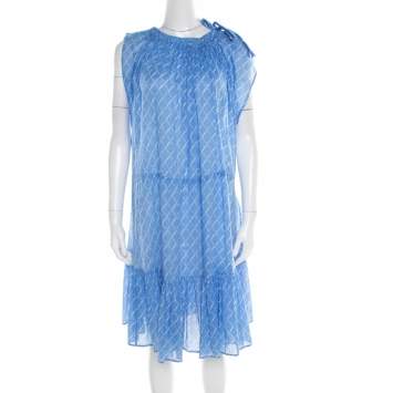 Pre Owned Chanel Blue Printed Cotton Shoulder Tie Detail Dress M