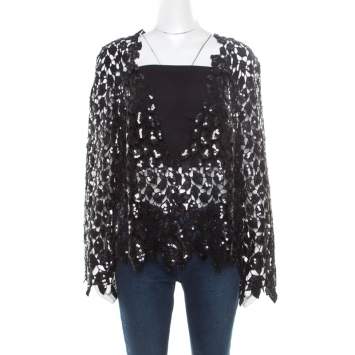 Pre Owned Chanel Black Sequined Cutout Guipure Lace Oversized Jacket M