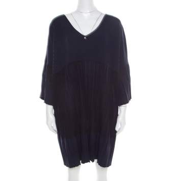 Pre Owned Chanel Navy Blue Knit Back Tie Detail Pleated Oversized Dress M