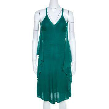 Pre Owned Chanel Emerald Green Perforated Mesh Knit Back Tie Detail Draped Dress S