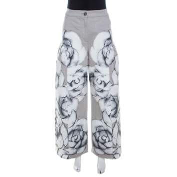 Pre Owned Chanel Grey Camellia Painted Denim High Waist Flared Jeans M 