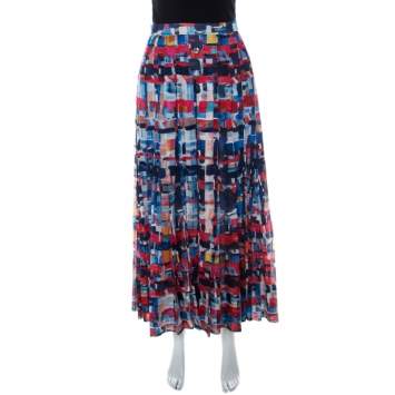 Pre Owned Chanel Multicolor Printed Cotton Pleated Maxi Skirt S