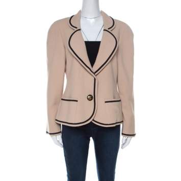 مملوكة مسبقًا Chanel Boutique Beige Crepe Contrast Trim Single Button Blazer M