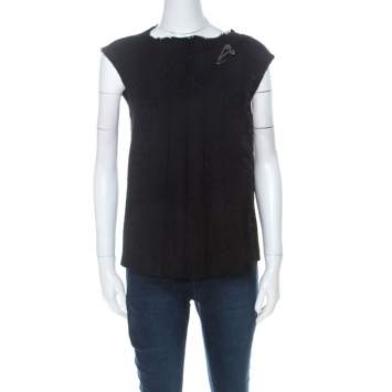 Pre Owned Chanel Black Wool Fringe Edge Brooch Detail Pleated Vest M 