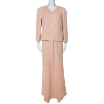 Pre Owned Chanel Vintage Peach Tweed Textured Trim Detail Skirt Suit L 