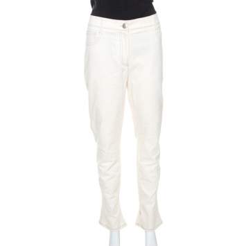 Pre Owned Chanel Cream Cotton Slub Denim Straight Fit Jeans L