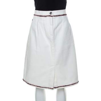 Pre Owned Chanel Off White Denim A Line Knee Length Skirt S