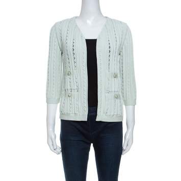 Pre Owned Chanel Mint Green Cotton Blend Perforated Knit Cardigan S