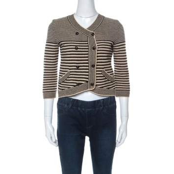 Pre Owned Chanel Black and Beige Striped Pattern Crochet Knit Silk Blend Cardigan S