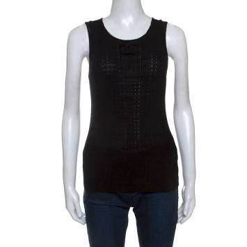 Pre Owned Chanel Black Knit Cotton Blend Crochet Trim Sleeveless Top L