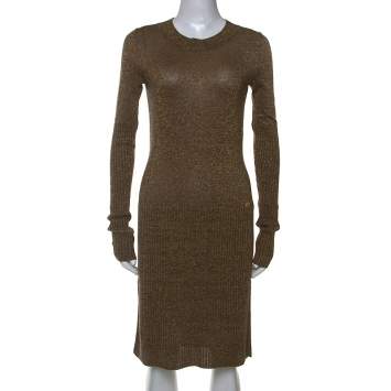 Pre Owned Chanel Metallic Gold Rib Knit Long Sleeve Sweater Dress S
