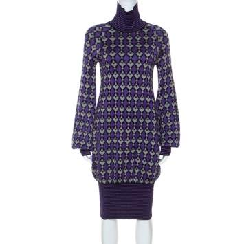 Pre Owned Chanel Purple Lurex Knit Geometric Pattern Sweater Dress S