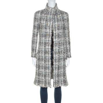 Pre Owned Chanel Grey Silk Blend Tweed Frayed Edge Coat S