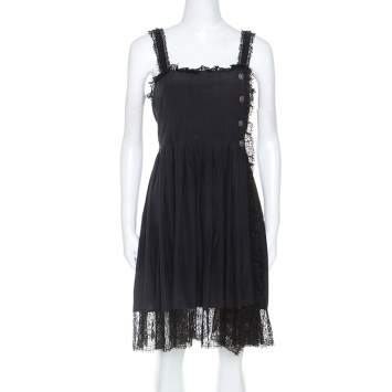 Pre Owned Chanel Black Silk Lace Trim Detail Pleated Dress M