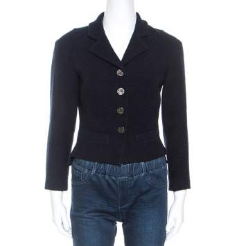 Pre Owned Chanel Navy Blue Boucle Knit Wool Jacket M